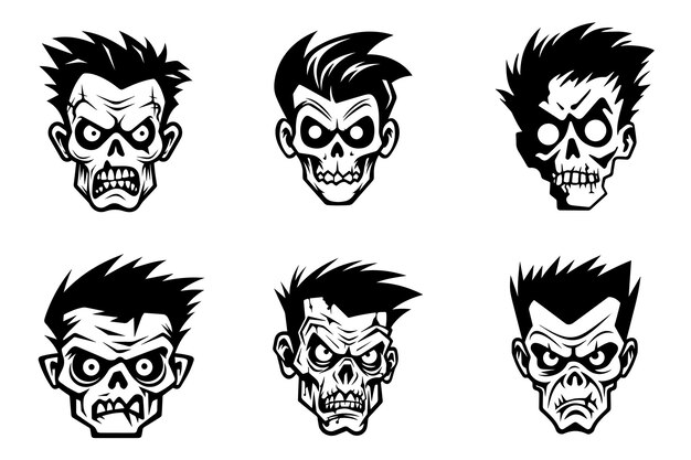 Vector monochrome illustration of a zombie's head collection halloween theme