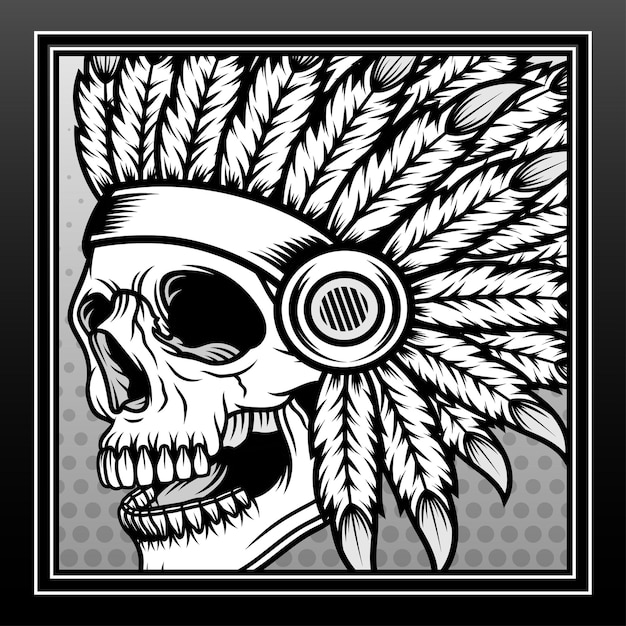 Monochrome indian skull hand drawn illustration design