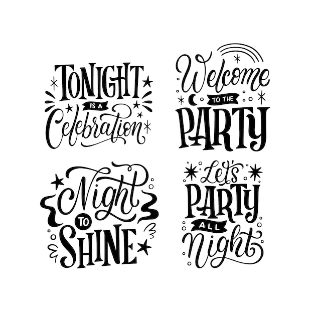 Monochrome lettering night party stickers collection