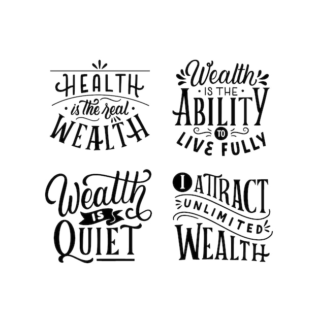 Monochrome lettering wealth stickers collection