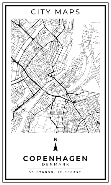 Monochrome Line Art Map of Copenhagen Capital City of Denmark Illustration and home decoration