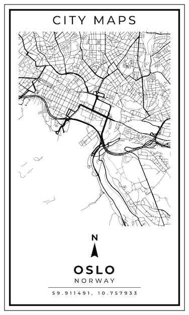 Monochrome Line Art Map of Oslo Capital City of Norway Illustration and home decoration