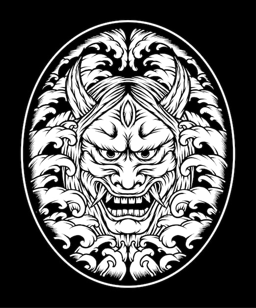 Monochrome oni mask illustration. Premium vector