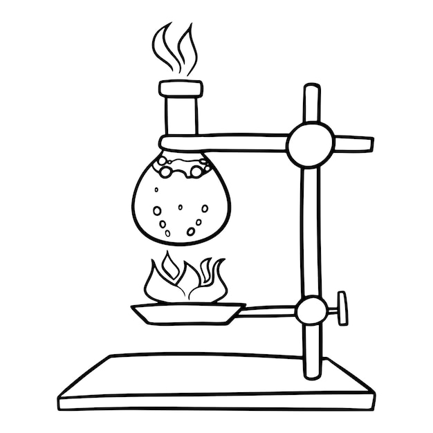 Monochrome picture Chemical experiment with heating solution glass flask with boiling liquid vector