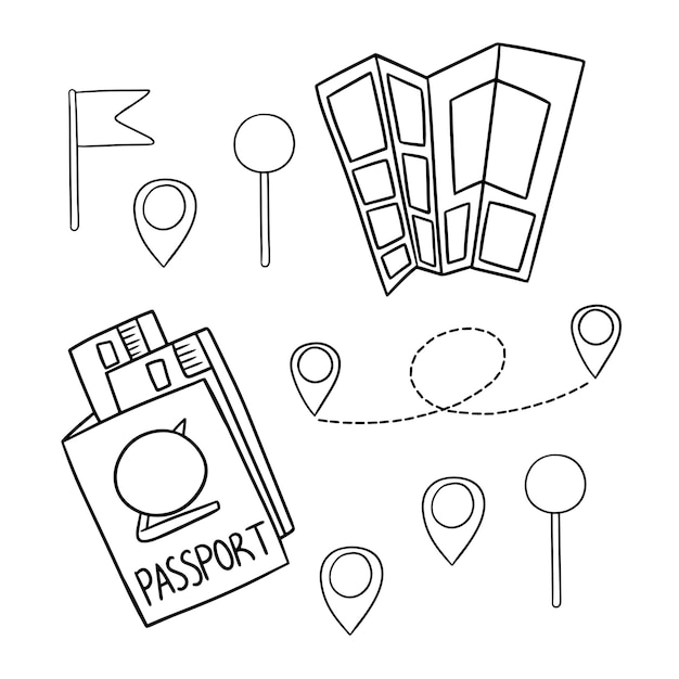 Monochrome picture for a tourist collection documents and labels for a map vector cartoon