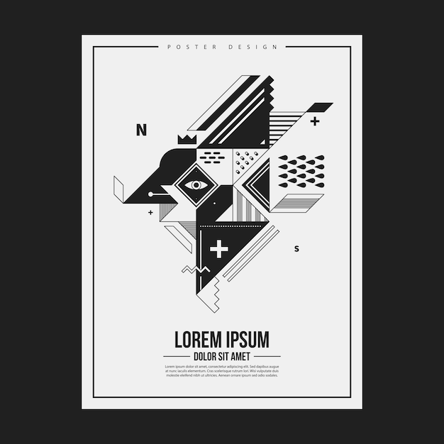 Monochrome poster design template with abstract geometric creature. Useful for advertising.