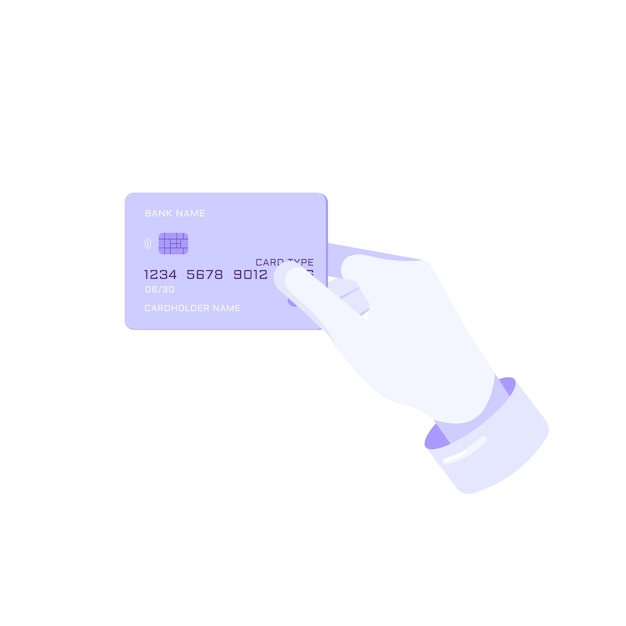 Monochrome purple icon of hand holding credit card for shopping, payment or sale banner