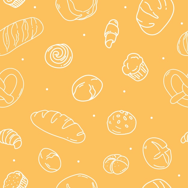 Monochrome seamless doodle pattern with baked goods and sweet pastries on a yellow background