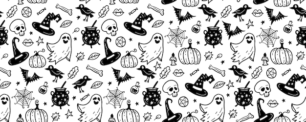 Monochrome seamless pattern of cute Halloween hand drawn doodle Black and white background