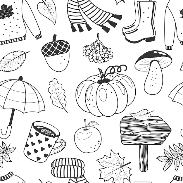 Monochrome seamless pattern from autumn elements Leaves pumpkin acorn sweater scarf mushrooms and other symbols of fall and autumn Black and white endless texture Vector illustration Outline