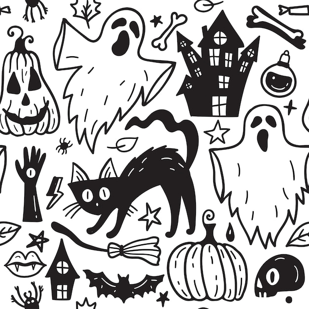 Monochrome seamless pattern of horror Halloween hand drawn doodle elements