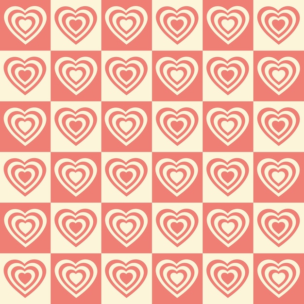 Monochrome seamless pattern with hearts shaped tunnel on a checkered background.