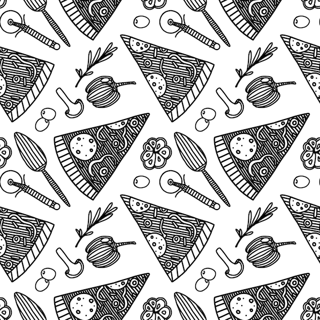 Monochrome seamless pattern with pizza triangles pizza knife and vegetables