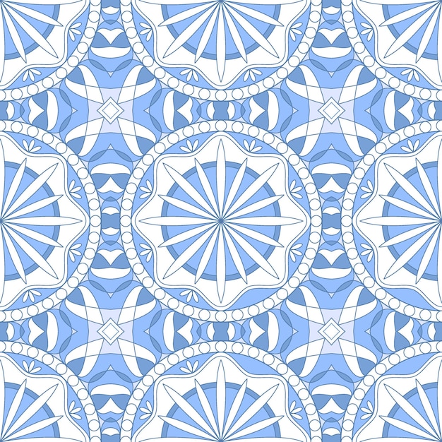 Monochrome seamless pattern with symmetrical round blue ornament