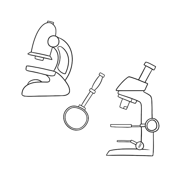 Monochrome Set of pictures magnifying instruments for laboratory research microscope and magnifying glass vector