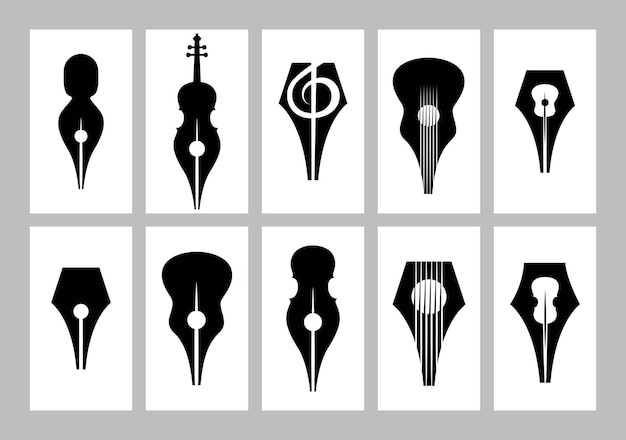 Monochrome set of templates for business card with nib guitar violin treble clef