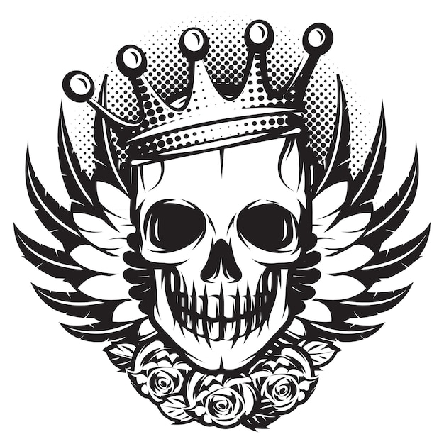 Monochrome skull with crown wings and roses on white background