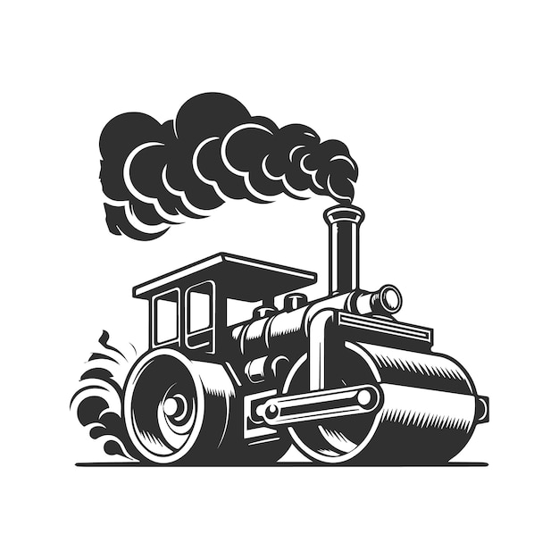 Vector monochrome style of color steamroller on white background