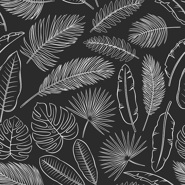 Monochrome tropical leaves seamless pattern, white on black. Jungle banana leaf, palm and fern. Summertime design for wrapping paper and fabrics. Vector outline sketch illustration.