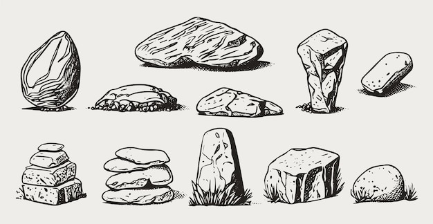 Monochrome vector set of various stones rocks gravel and pebbles The collection includes natural engraved templates of rocky slate lumps all drawn in a retro style