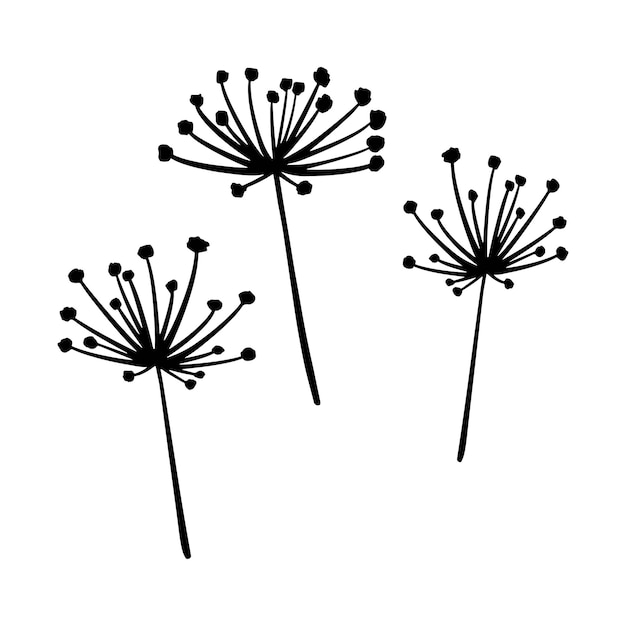 Monochrome vector silhouettes of two abstract, stylized dandelion flowers on a white background.