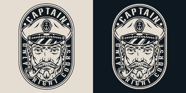 Monochrome vIntage marine emblem with inscriptions with seaman in sailor captain hat smoking pipe