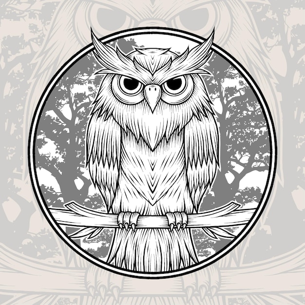 Monochrome Wild Owl In The Forest Vector