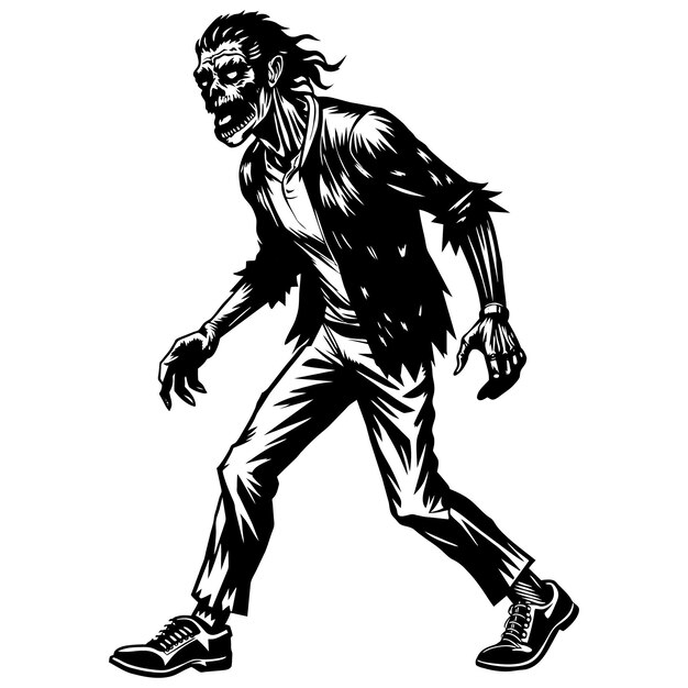 Vector monochrome zombie man walking with tattered clothes perfect for halloween designs