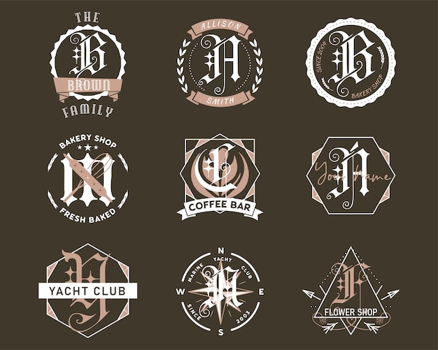 Monogram logo designs set Classic monograms with different phrases and texts Stylish badges for web and print Stock vector labels isolated on dark background