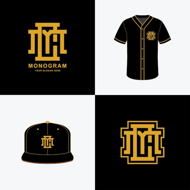 Monogram sport and slab initial CM or MC for clothing, apparel on t-shirt and snapback mockup design