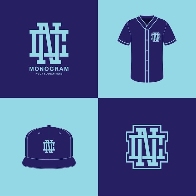 Monogram sport and slab initial CN or NC for clothing, apparel on t-shirt and snapback mockup design