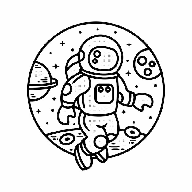 Monoline astronaut vintage outdoor badge design Premium Vector