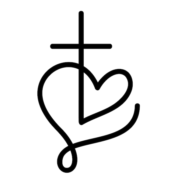 Vector monoline black vector christian logo heart with cross isolated on background hand drawn minimalistic religion