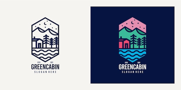 Monoline and colorful green cabin in forest logo badge