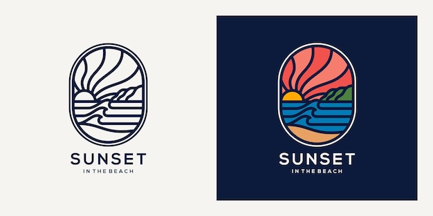 Monoline and colorful sunset beach logo badge