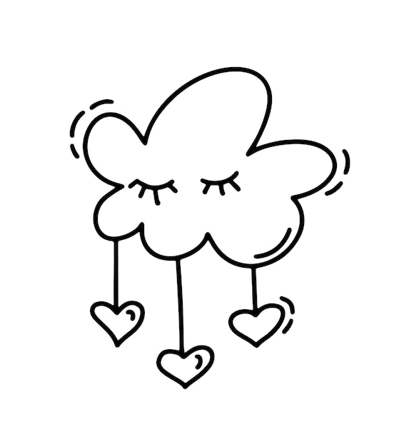 Monoline cute cloud with hearts Vector Valentines Day Hand Drawn icon Holiday sketch doodle Design