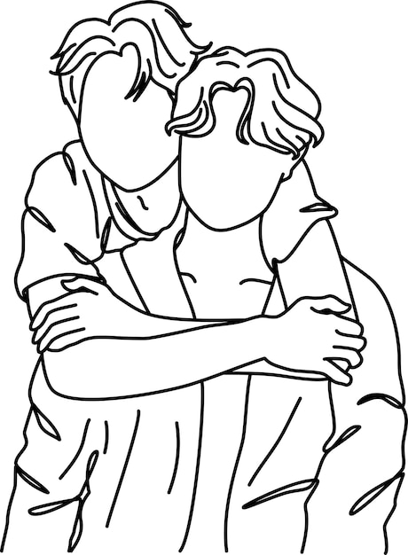 a monoline drawing of a gay couple hugging