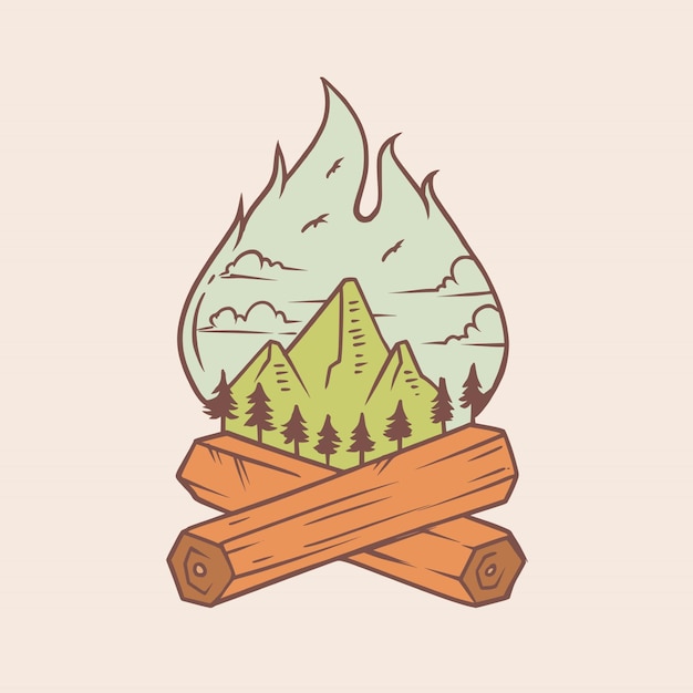 Monoline fire camp outdoor illustration