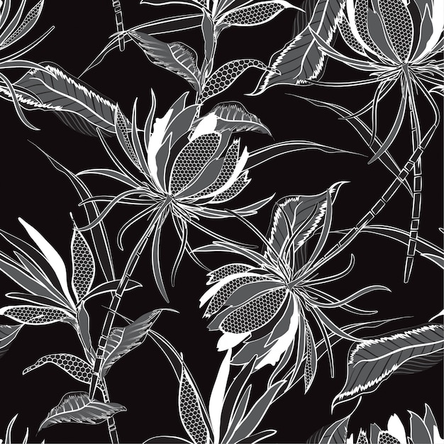 Monotone black and white Vector seamless pattern of flowers 