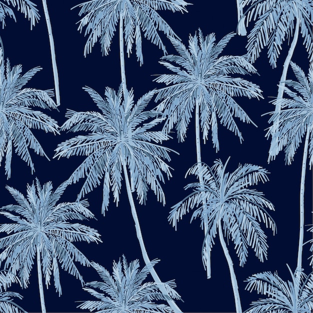 Monotone blue shade of Summer seamless blue palm trees pattern on navy blue background.