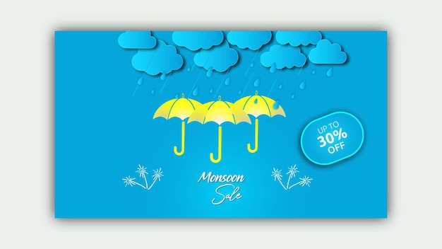 Monsoon sale banner template design with clouds and umbrella on blue background on overcast sky