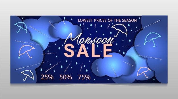 Monsoon sale offer banner template header with clouds and umbrella on gradient background