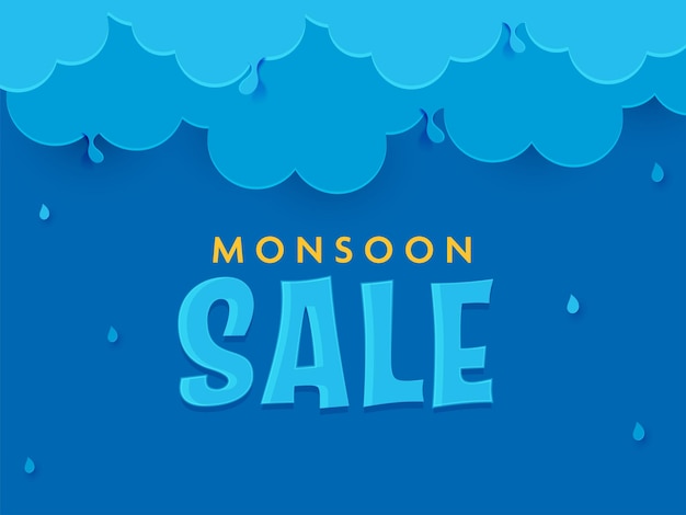 Monsoon Sale Poster Design With Paper Clouds And Water Drops On Blue Background