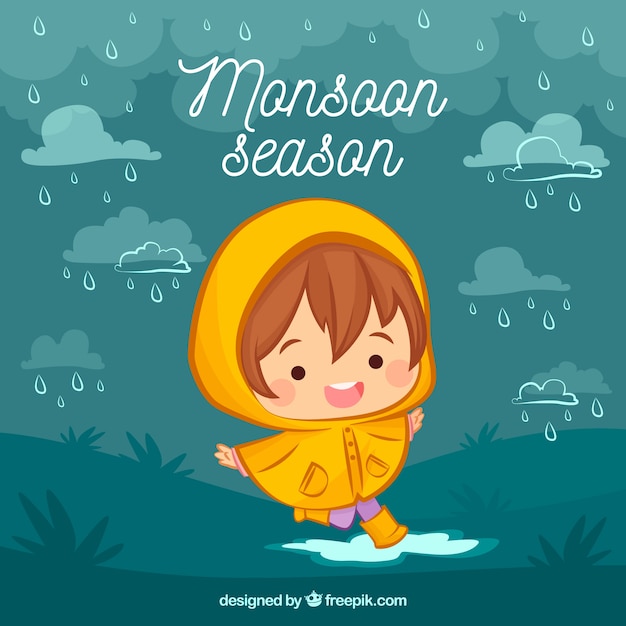 Monsoon season background with cute kid