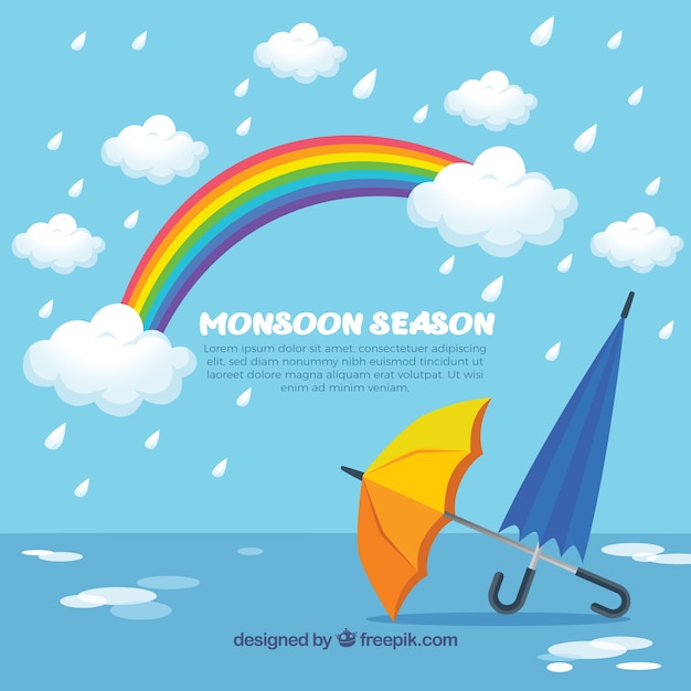 Monsoon season background with umbrellas