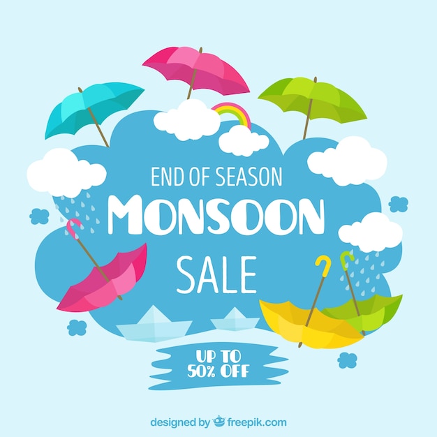 Monsoon season sale background with colorful umbrellas