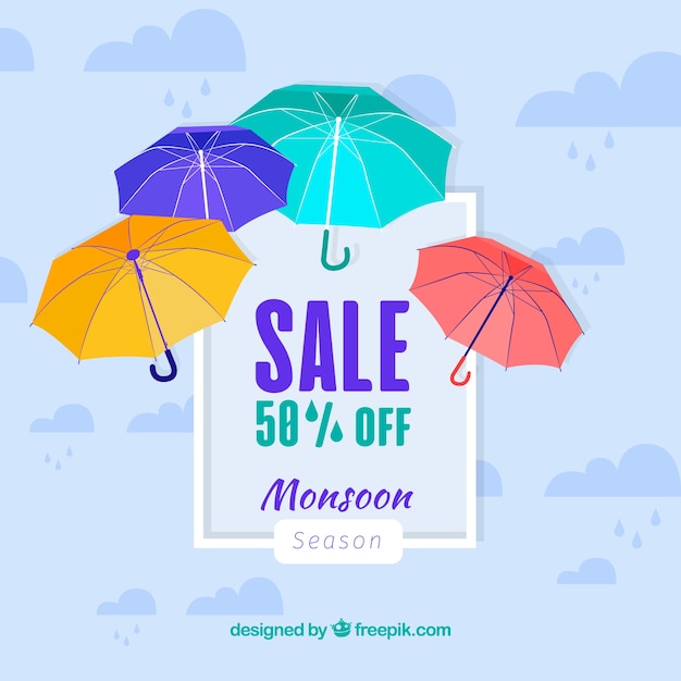 Monsoon season sale background with umbrellas