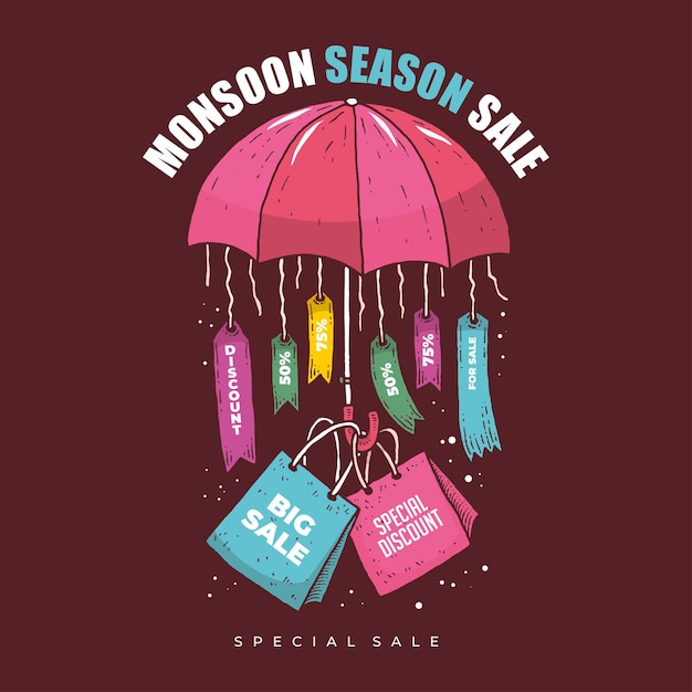 Monsoon season sale with umbrela and bag special sale big sale discount cartoon