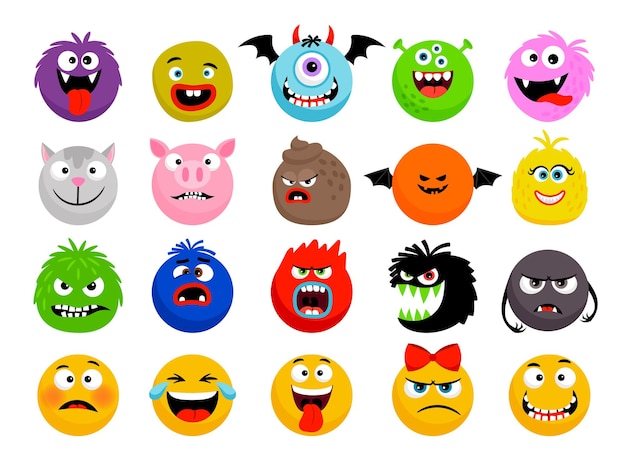 Monster and animal emoticons.   cartoon funny monsters, cute animals smileys faces