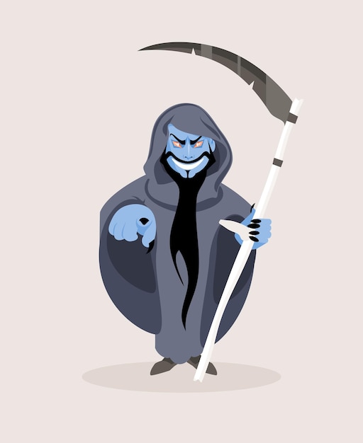 Monster cartoon sinister death with a scythe with a pointing gesture. Humorous vector illustration